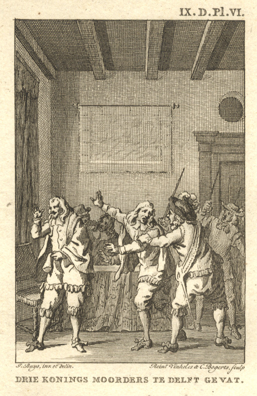 view Drie Konings Moorders te Delft gevat by R. Vinkeles en J. Bogerts naar J. Buys