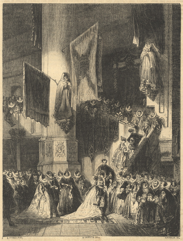 Une Ceremonie dans l´Eglise de Delft by B. Valentin, Lavieille, naar Eugene Isabey
