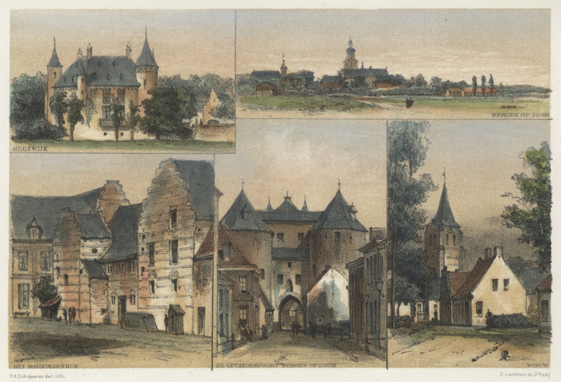 Heeswijk, Bergen op Zoom, het Markiezenhof, de Gevangenpoort, Wouw by P.A. Schipperus