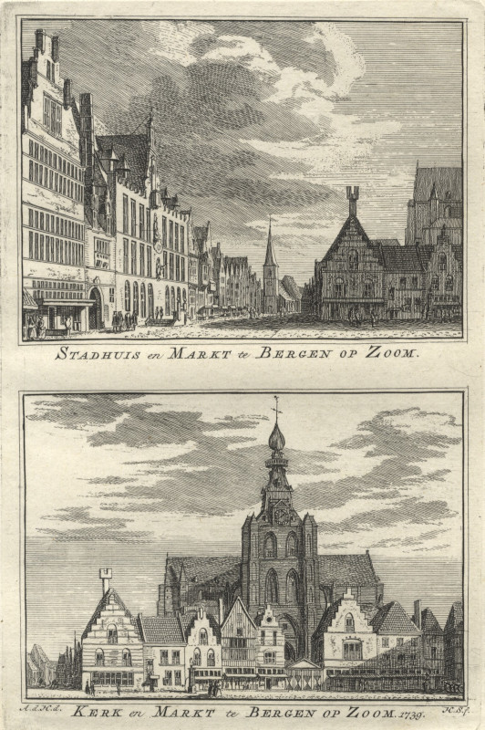 view Stadhuis en Markt te Bergen op Zoom; Kerk en Markt te Bergen op Zoom. 1739 by A. de Haan, H. Spilman