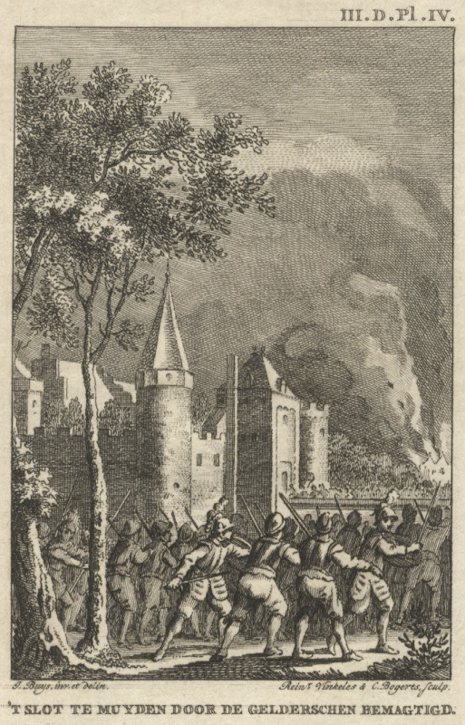 view ´t Slot te Muyden door de Gelderschen bemagtigd by Reinier Vinkeles, J. Buys