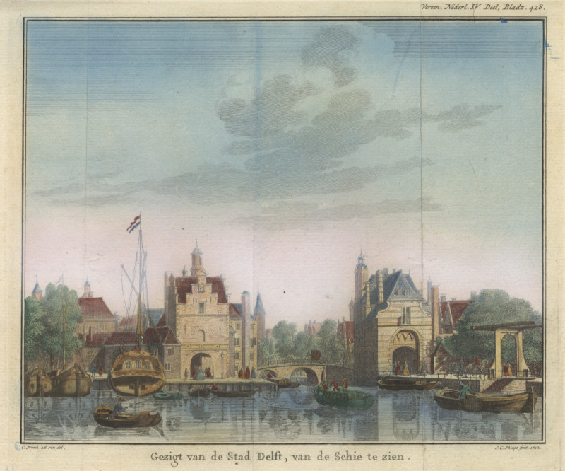 Gezigt van de Stad Delft, van de Schie te zien. by C. Pronk, J.C. Philips
