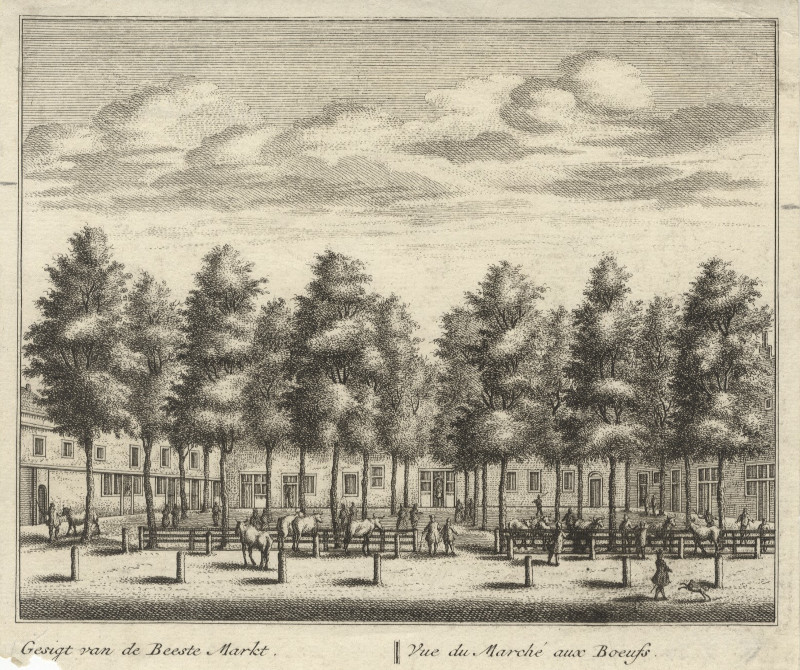 Gesigt van de Beeste Markt; Vue du Marché aux Boeufs by L. Schenk naar A. Rademaker