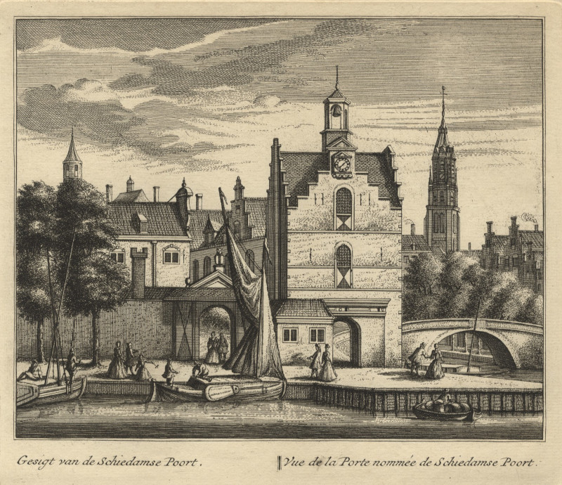 Gesigt van de Schiedamse Poort; Vue de la Porte nommée de Schiedamse Poort by L. Schenk naar A. Rademaker