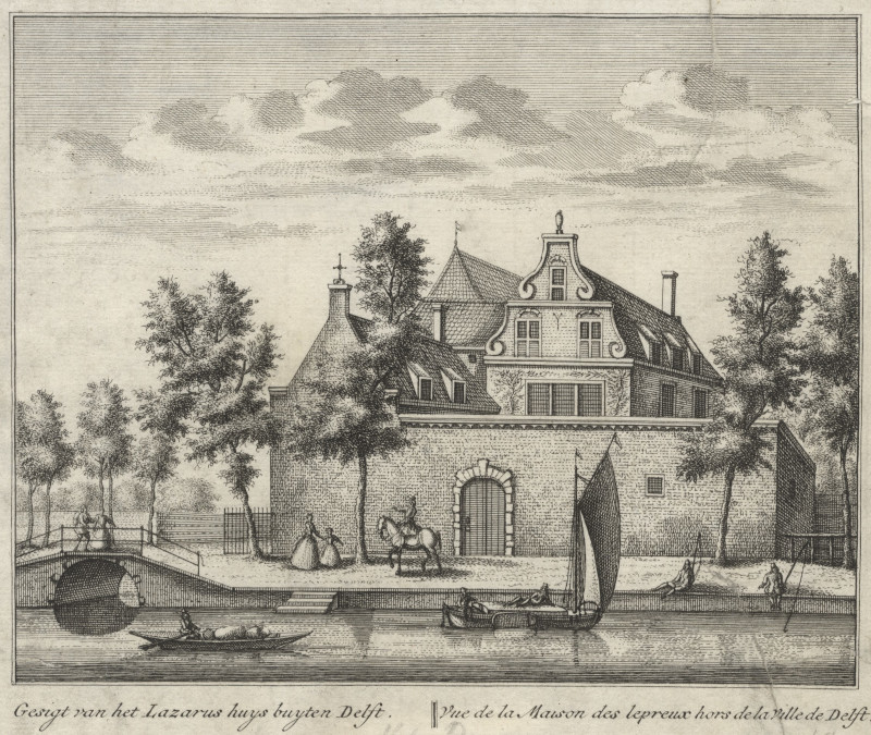 Gesigt van het Lazarus huys buyten Delft. Vue de la Maison des lepreux hors de la Ville de Delft by L. Schenk, A. Rademaker