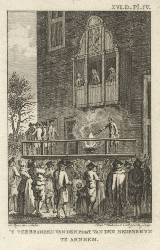 view ´t Verbranden van den post van den Nederrhyn te Arnhem by R. Vinkeles en C. Bogerts, naar J. Buys