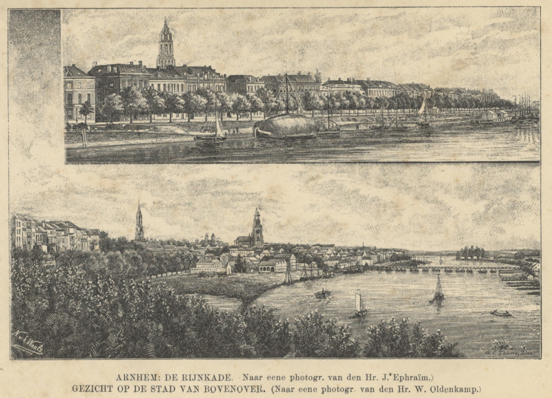 Arnhem: de Rijnkade; Gezicht op de stad van bovenover by N. v.d. Waals