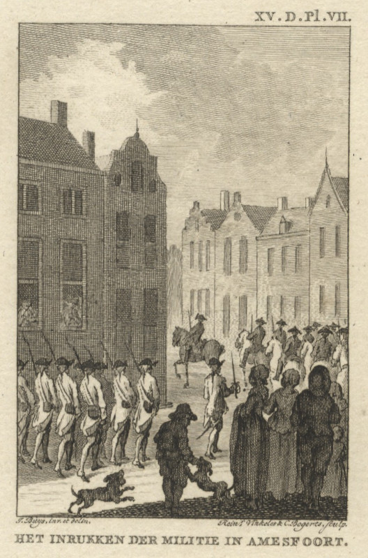 view Het inrukken der militie in Amersfoort by R. Vinkeles en C. Bogerts, naar J. Buys