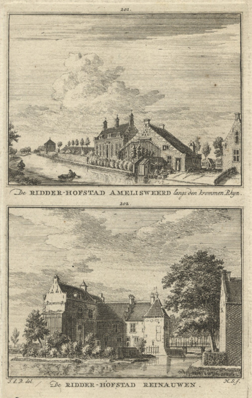 view De Ridder-Hofstad Amelisweerd langs den krommen Rhyn; De Ridder-Hofstad Reinauwen by H. Spilman naar J. de Beijer