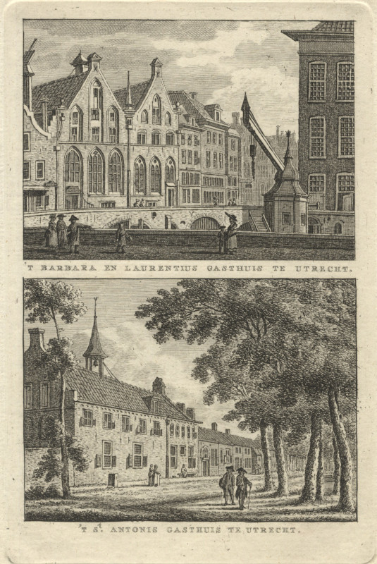 view &acute;t Barbara en Laurentius Gasthuis; &acute;t St. Antonis Gasthuis te Utrecht by K.F. Bendorp naar J. Bulthuis