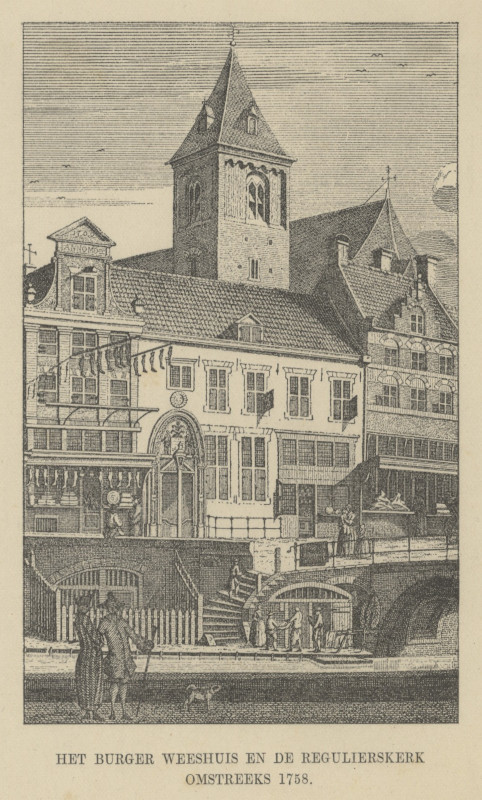 view Het Burger Weeshuis en de Regulierskerk omstreeks 1758 by nn naar C.J. Philips, naar Jan de Beijer