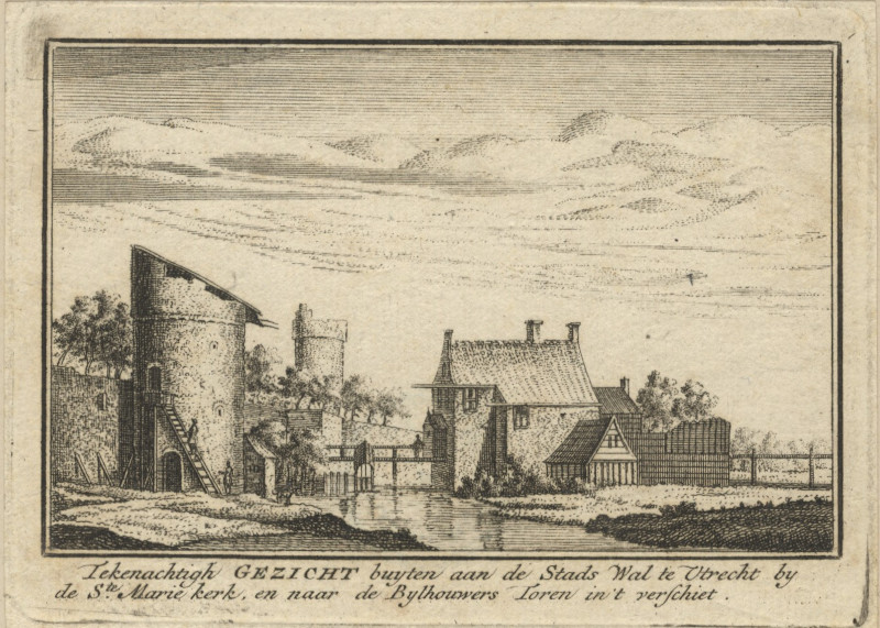 Tekenachtigh gezicht buyten aan de Stads Wal te Utrecht by de Ste. Marie Kerk by A. Rademaker