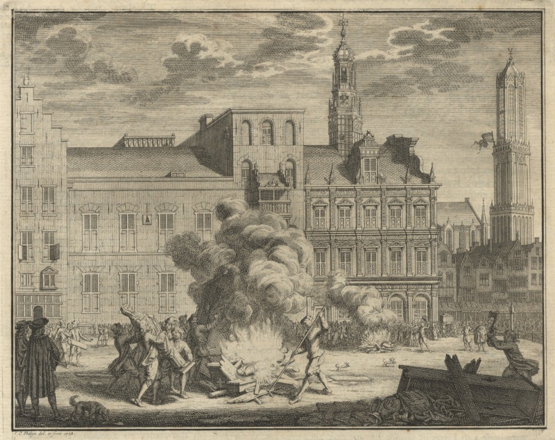 Vreugdevuur voor het stadhuis van Utrecht in 1673 by J.C. Philips