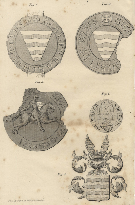 print Vijf familiewapens by P.W. van de Weijer