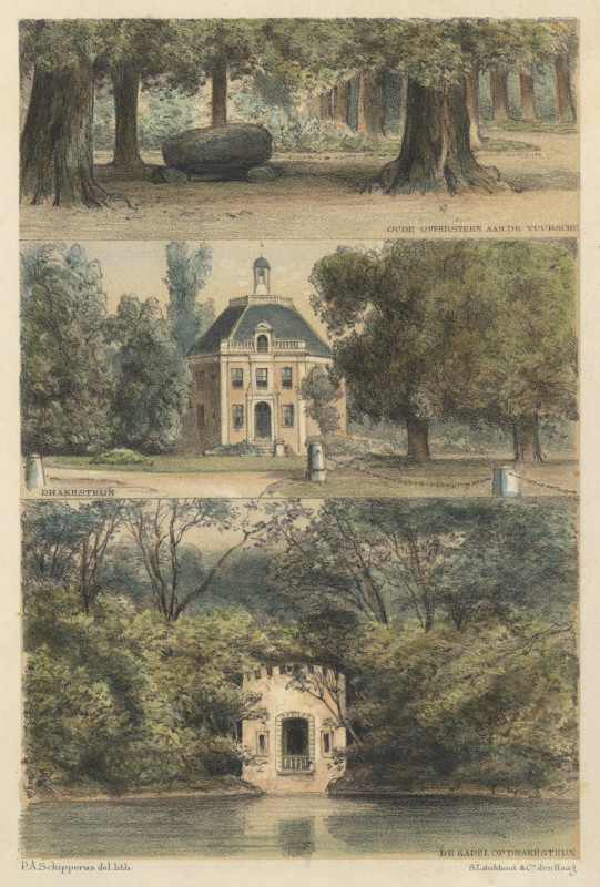 view Oude offersteen aan de Vuursche; Drakesteijn; De Kapel op Drakesteij by P.A. Schipperus