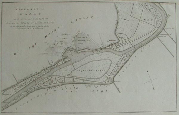 map Figuratieve kaart van de doorbraak bij Kedichem benevens de situatie der rivier de Linge by nn