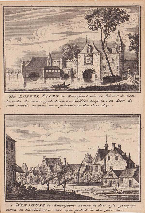 view De koppelpoort te amersfoort aan de rivier de Eem en het Weeshuis te Amersfoort in 1620 by Abraham Rademaker