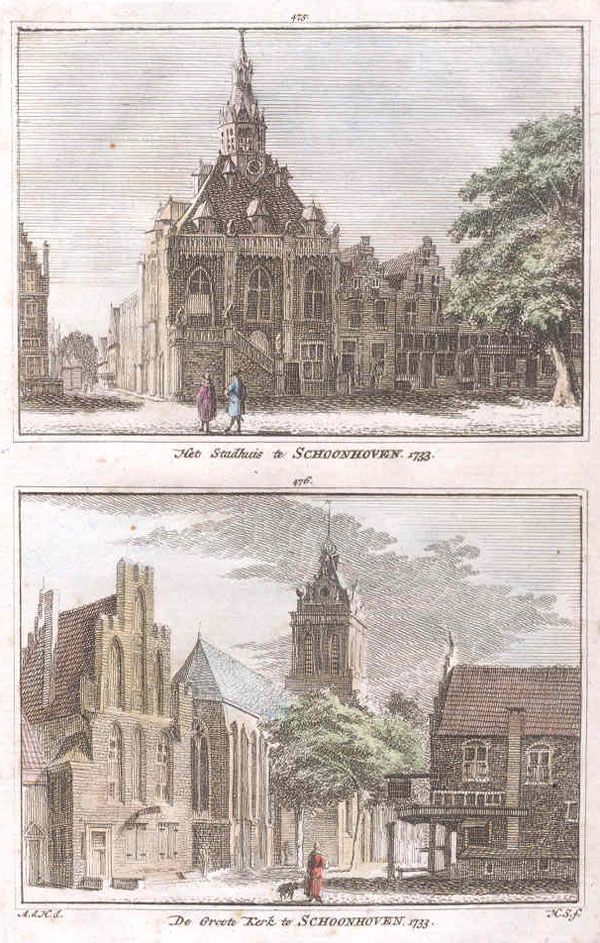 view Het Stadhuis te schoonhoven 1733 en De Groote kerk te schoonhoven by H. Spilman