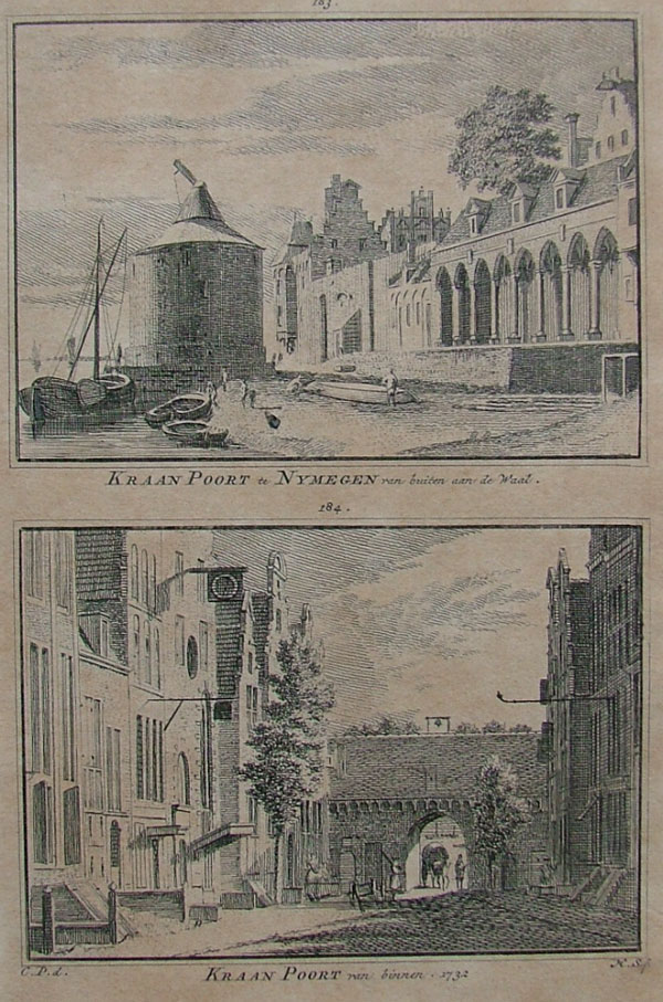 view Kraan Poort te Nymegen van buiten aan de Waal en Kraan Poort van binnen 1732 by Spilman
