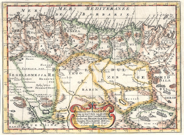 map Gedeelte van Barbaryen, waar in legt t Rijk van Algiers verdeelt in zyne Lanschappen by N Sanson