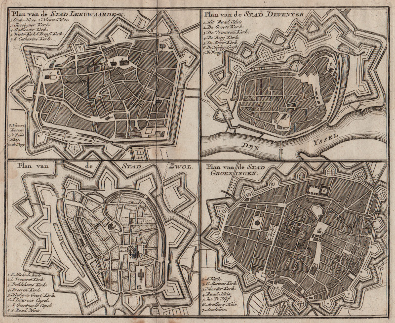 Plan van de stad Leeuwaarden, Deventer, Groeningen en Zwol  by Hendrik de Leth