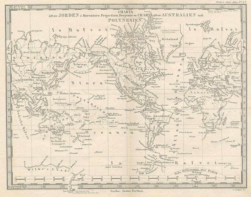 Charta öfver Jorden i Mercators Projection. Derjemte ss. charta öfver Australien och Polynesien. by Stieler