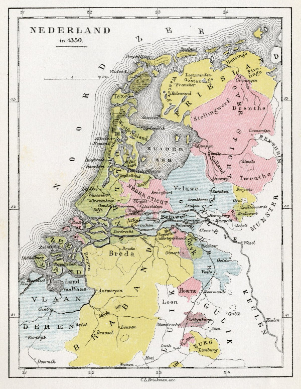 map Nederland in 1350 by C.L. Brinkman, Amsterdam