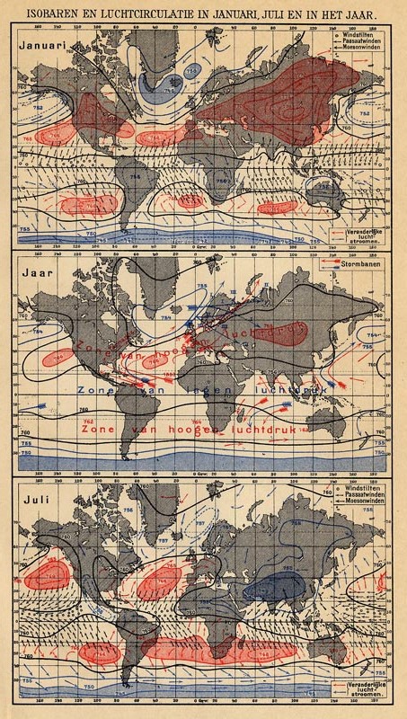 map Isobaren en luchtcirculatie in januari, juli en in het jaar by Winkler Prins