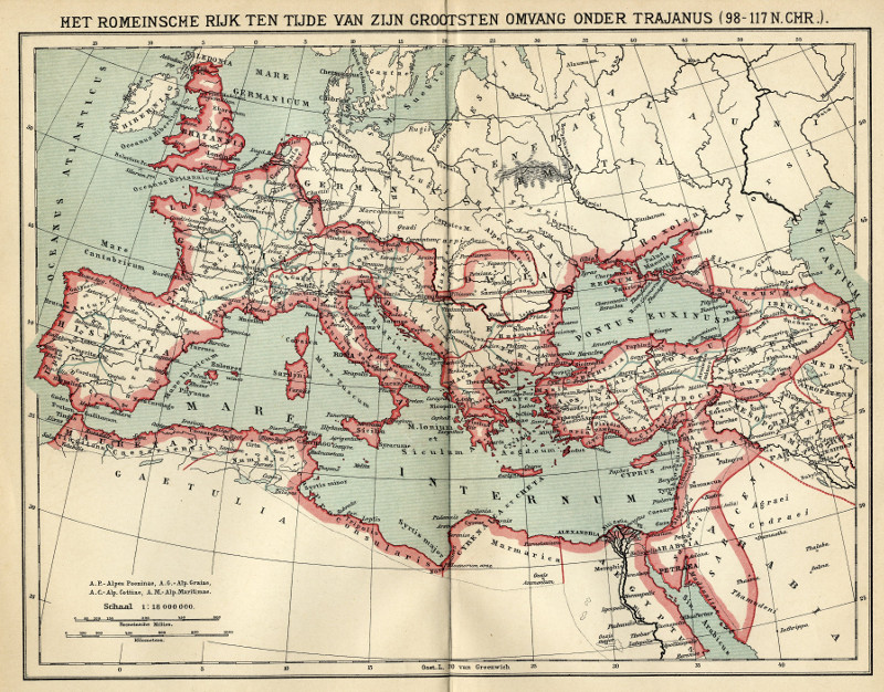 Het Romeinsche rijk ten tijde van zijn Grootsten omvang onder Trajanus (98-117 N.Chr) by Winkler Prins