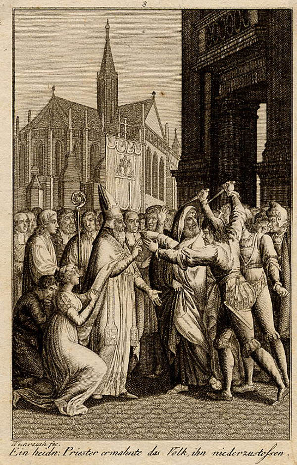 print Ein Heidn: Priester ermahnte das Volk, ihn niederzustossen by Johann Caspar Weinrauch
