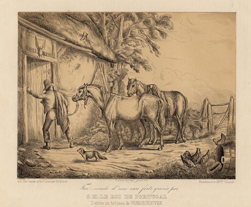 Paarden bij de stal by P. Decleermaecker naar E. Verboeckhoven