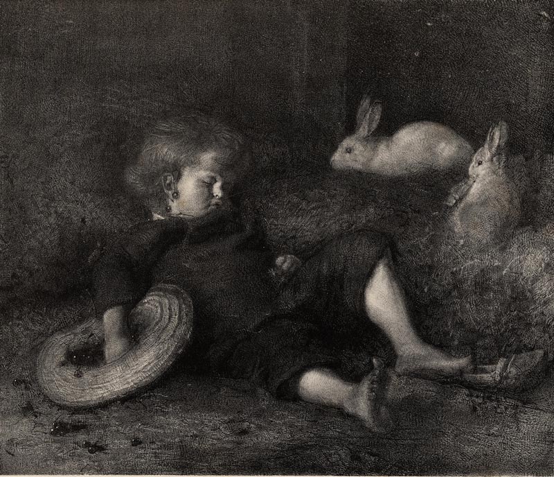 Slapend kind met konijnen by Felix Schlesinger