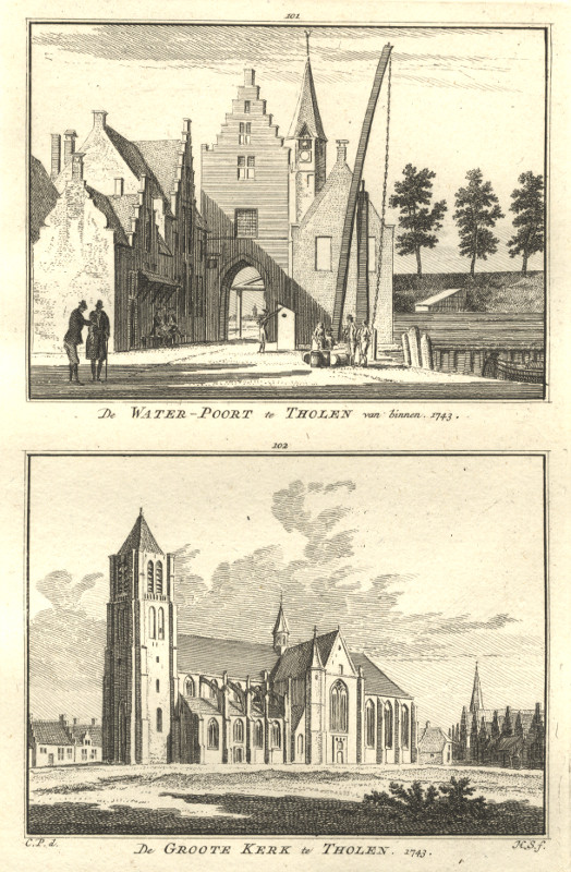 view De Water-Poort te Tholen van binnen; De Groote Kerk te Tholen. 1743 by H. Spilman, C. Pronk