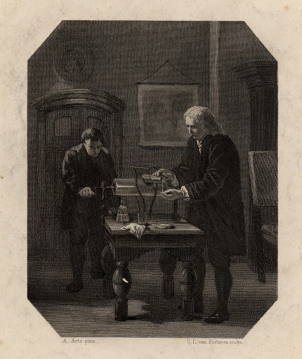 print Pieter van Musschenbroeck en Andreas Cunaeus met een Leidse fles by C.L. van Kesteren, naar A. Artz