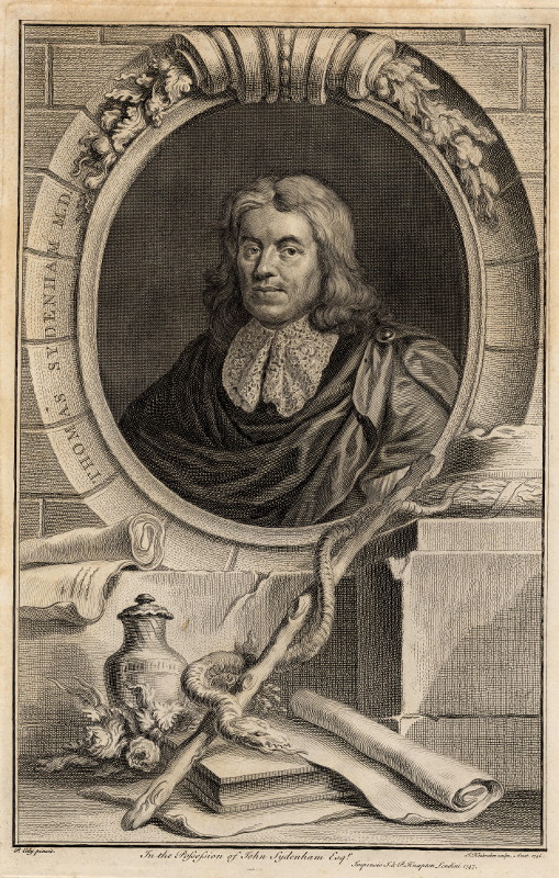 print Thomas Sydenham M.D.  by J. Houbraken, naar P. Lely