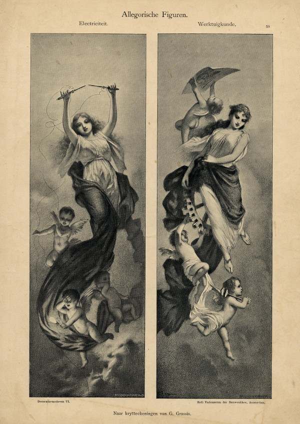 print Allegorische figuren: Electriciteit, Werktuigkunde by G. Grassis