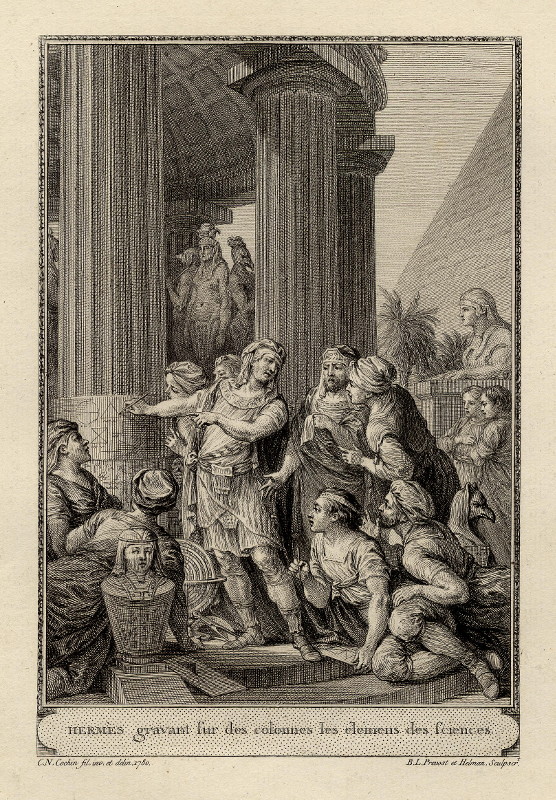print Hermes gravant sur les colonnes les élémens des sciences by B.L. Prevost & Helman, naar C.N. Cochin