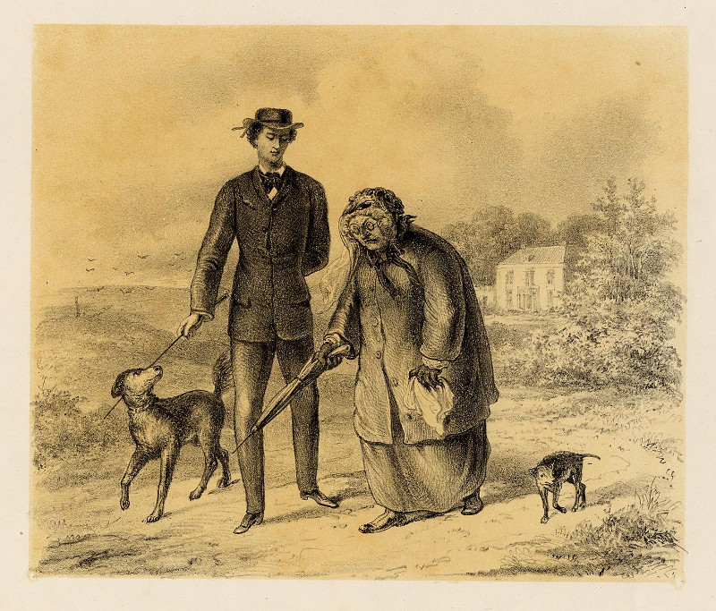 Student en oude vrouw maken wandeling by C.C.A. Last, naar A. Ver Huell
