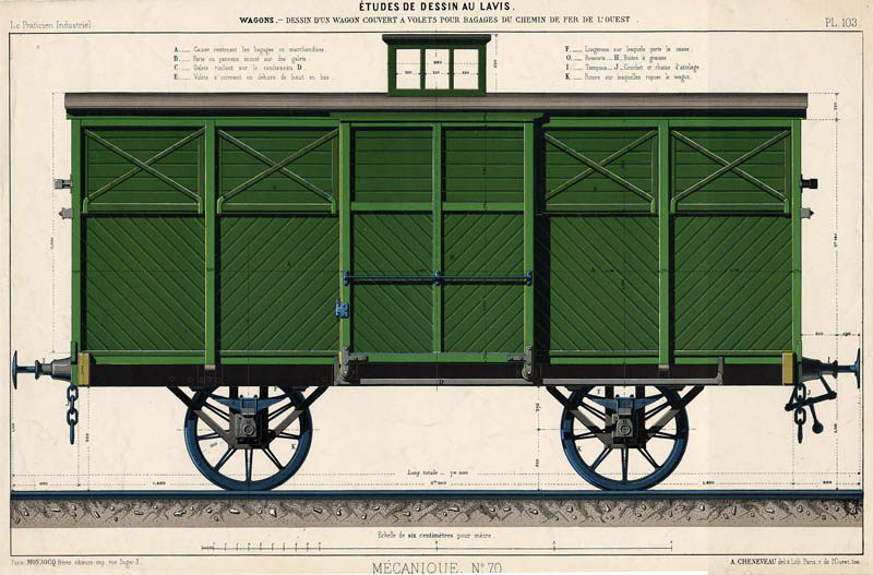 Wagons. Dessin d´un wagon couvert a volets pour bagages du chemin de fer de l�ouest by A. Cheneveau