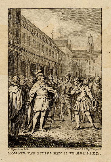 print Komste van Filips den II te Brussel by R. Vinkeles & C. Bogerts naar J. Buys