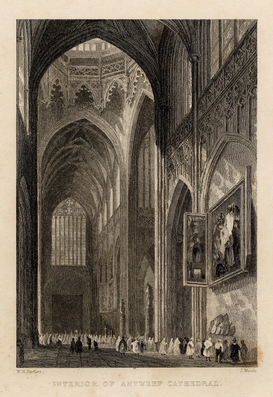 view Interior of Antwerp Cathedral by J. Woods naar W.H. Bartlett