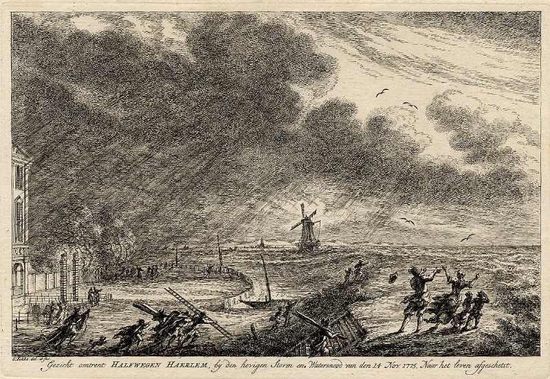 Gezicht omtrent Halfwegen Haerlem, bij den hevigen storm en watersnood van den 14 Nov. 1775 by Simon Fokke
