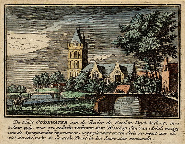 De Stadt Oudewater aan de Rivier de Yssel in Zuyt-hollant by J.M. Bregmagher naar A. Rademaker