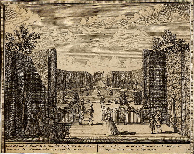 Gezicht uit de linkerzijde van het Huis over de Waterkom naar het Amphitheater met zijne Terrassen by H. de Leth