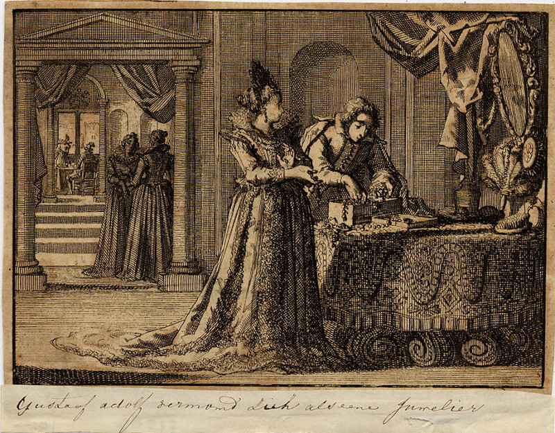 Vermomd als juwelier brengt Gustaaf Adolf zijn eerste bezoek aan zijn verloofde Maria Eleonora van B by nn