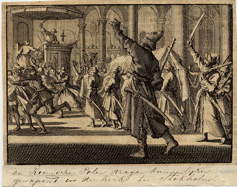 Katholieke Polakken tijdens een begrafenis in de Riddarholmskerk te Stockholm - 1593 by Jan Luyken