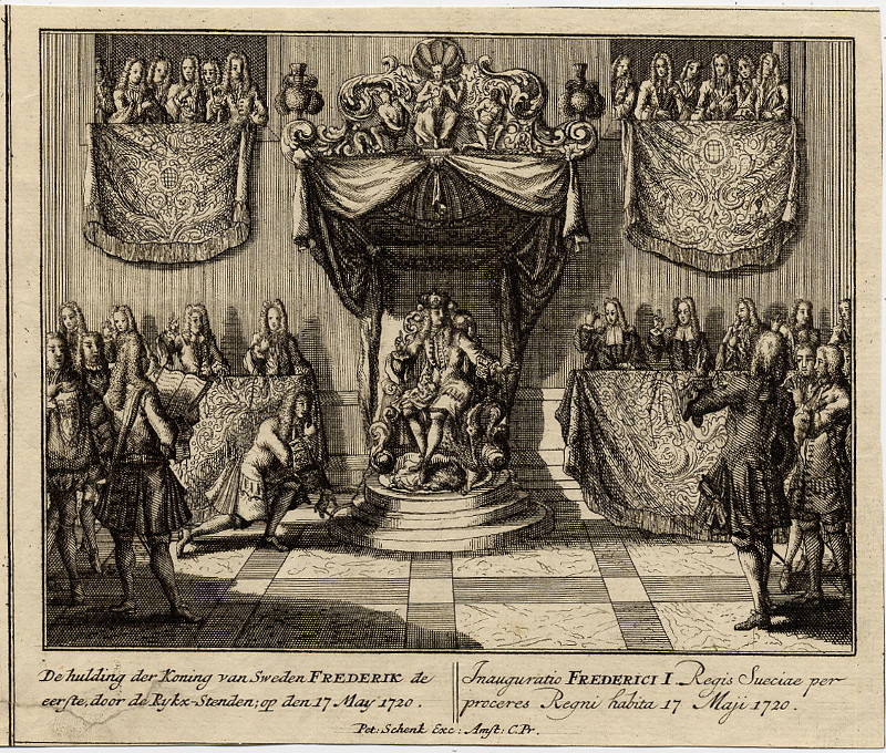De hulding der Koning van Sweden Frederik de eerste, door de Rykx-Stenden, op den 17 May 1720 by Petrus Schenk