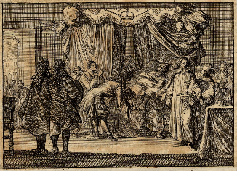 Het sterfbed van koning Karel II van Engeland by Jan en Caspar Luyken