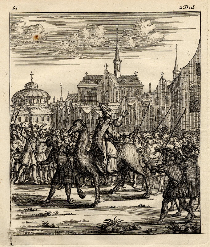 Een priester op een dromedaris wordt door de stad gevoerd by nn, mogelijk Thomas Doesburgh of Jan Luyken
