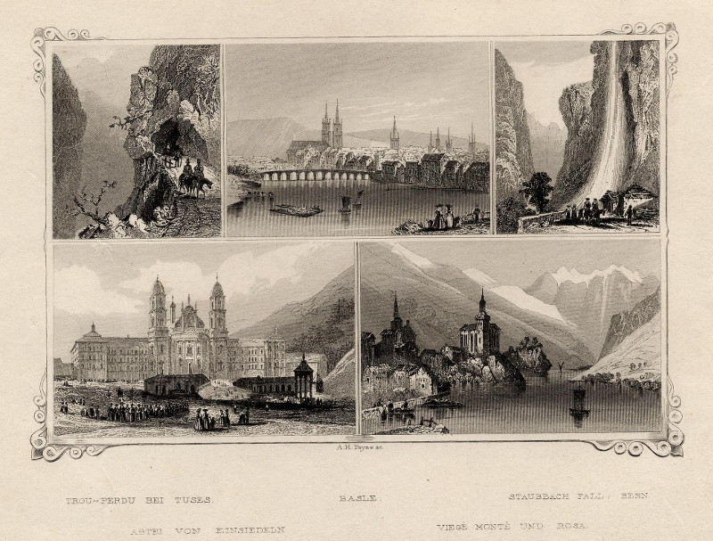 Trou-Perdu bei Tuses, Basle, Staubbach fall, Bern, Abtei von Einsiedeln, Viege Monté und Rosa by A.H. Payne